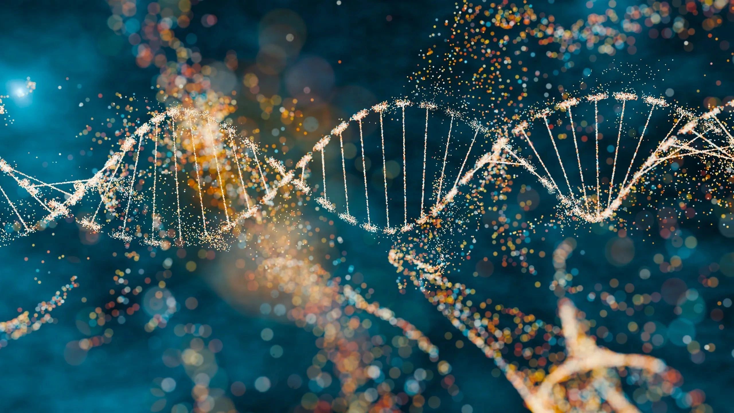 Digital representation of a glowing DNA double helix with colorful particles.