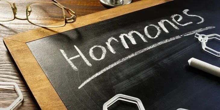 The word 'Hormones' written on a chalkboard with scientific models and glasses nearby.