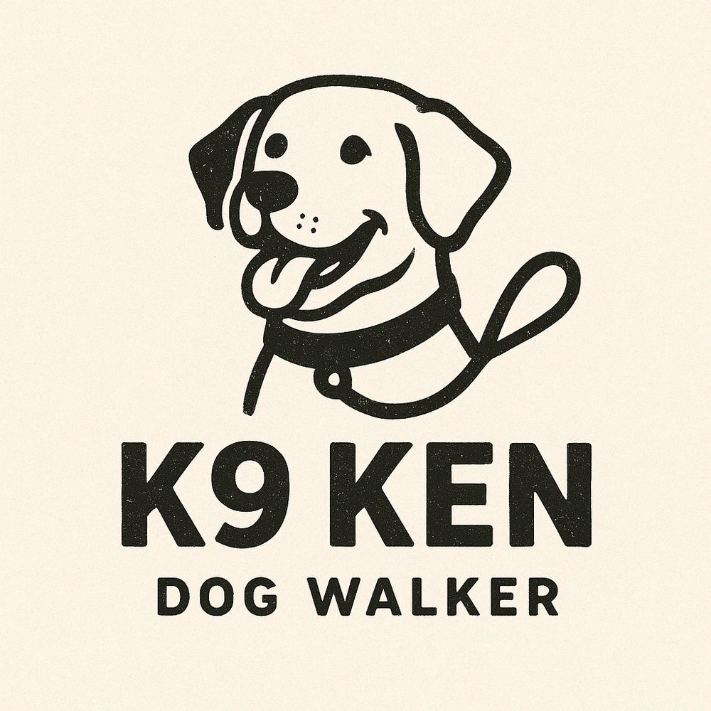 Logo of a happy dog with leash for dog walking service K9 Ken.