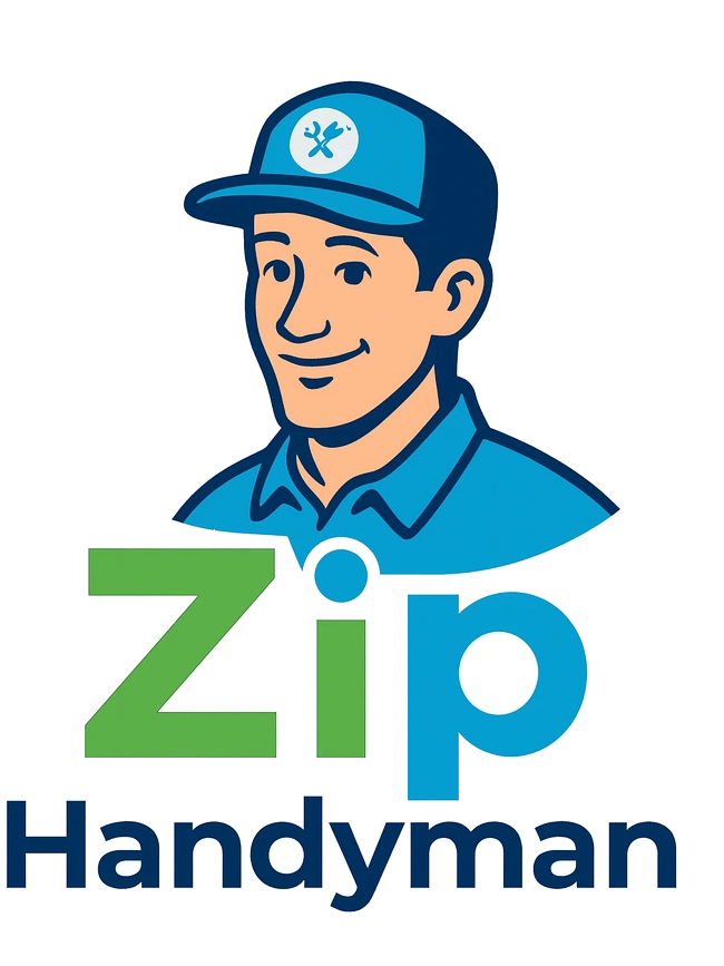 Zip handyman service logo guy in a nice baby blue hat and blue shirt 