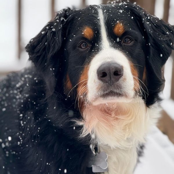 Bernese Mountain Dog with snowflakes on its fur outdoors.