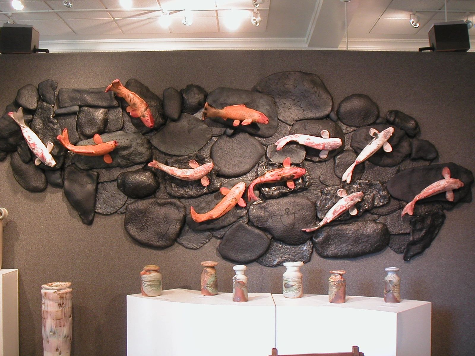 ceramic, glass, contemporary raku, pit fire, high fired stoneware, 3D koi wall sculpture, hand built