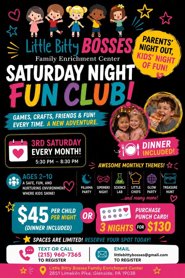 Saturday Night Fun Club for kids with games, crafts, and dinner included.