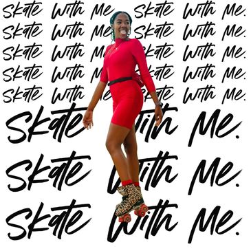 Woman in red outfit roller skating with "Skate with Me" text background.