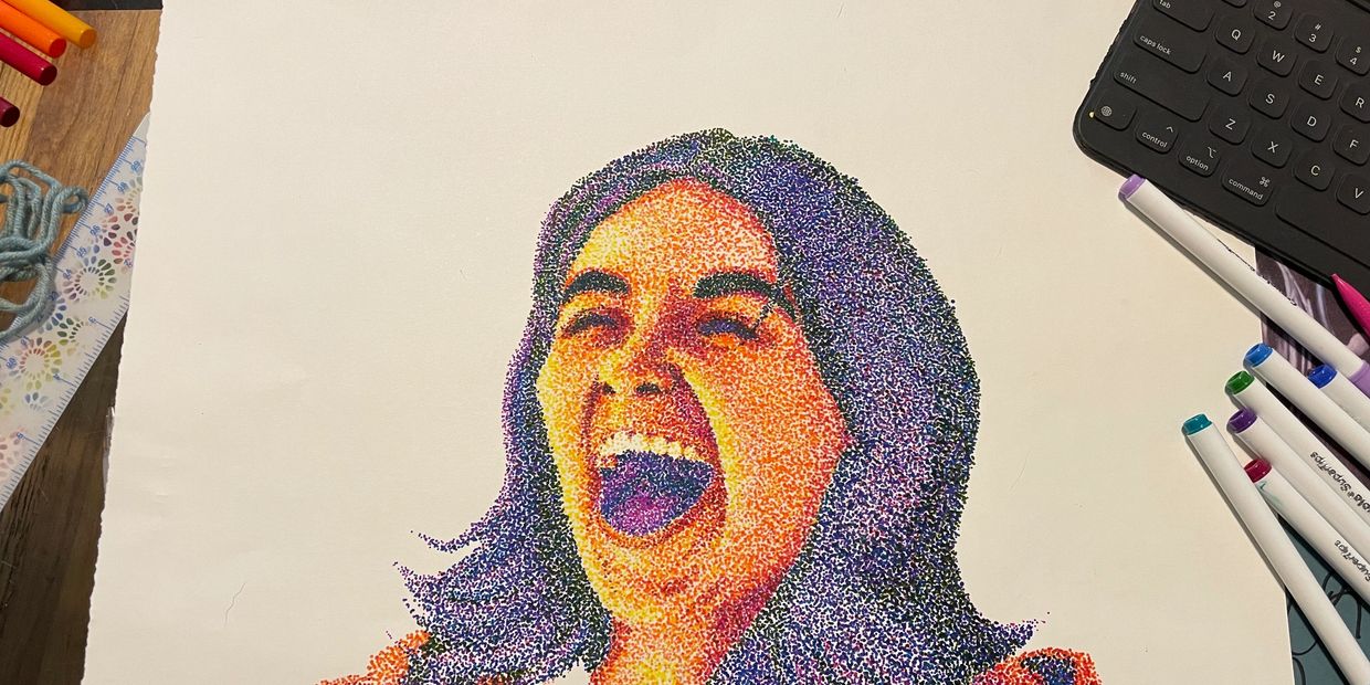 self-portrait of Val in rainbow pointillism 