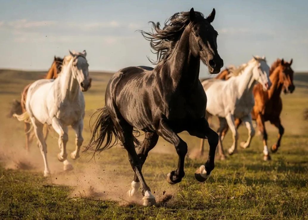 A group of horses running freely across a sunlit grassy plain.
