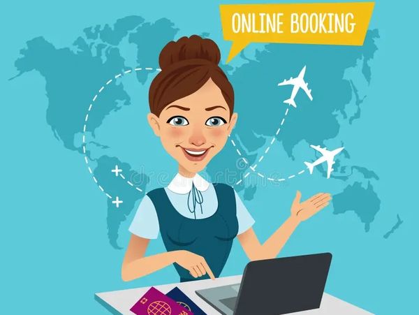 Woman using laptop for online flight booking with world map background.
