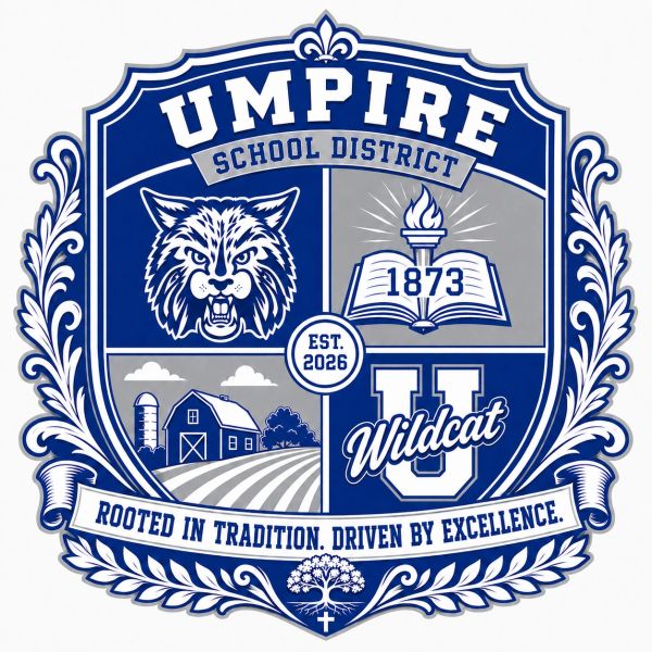 Umpire School District emblem with wildcat, torch, barn, and motto.