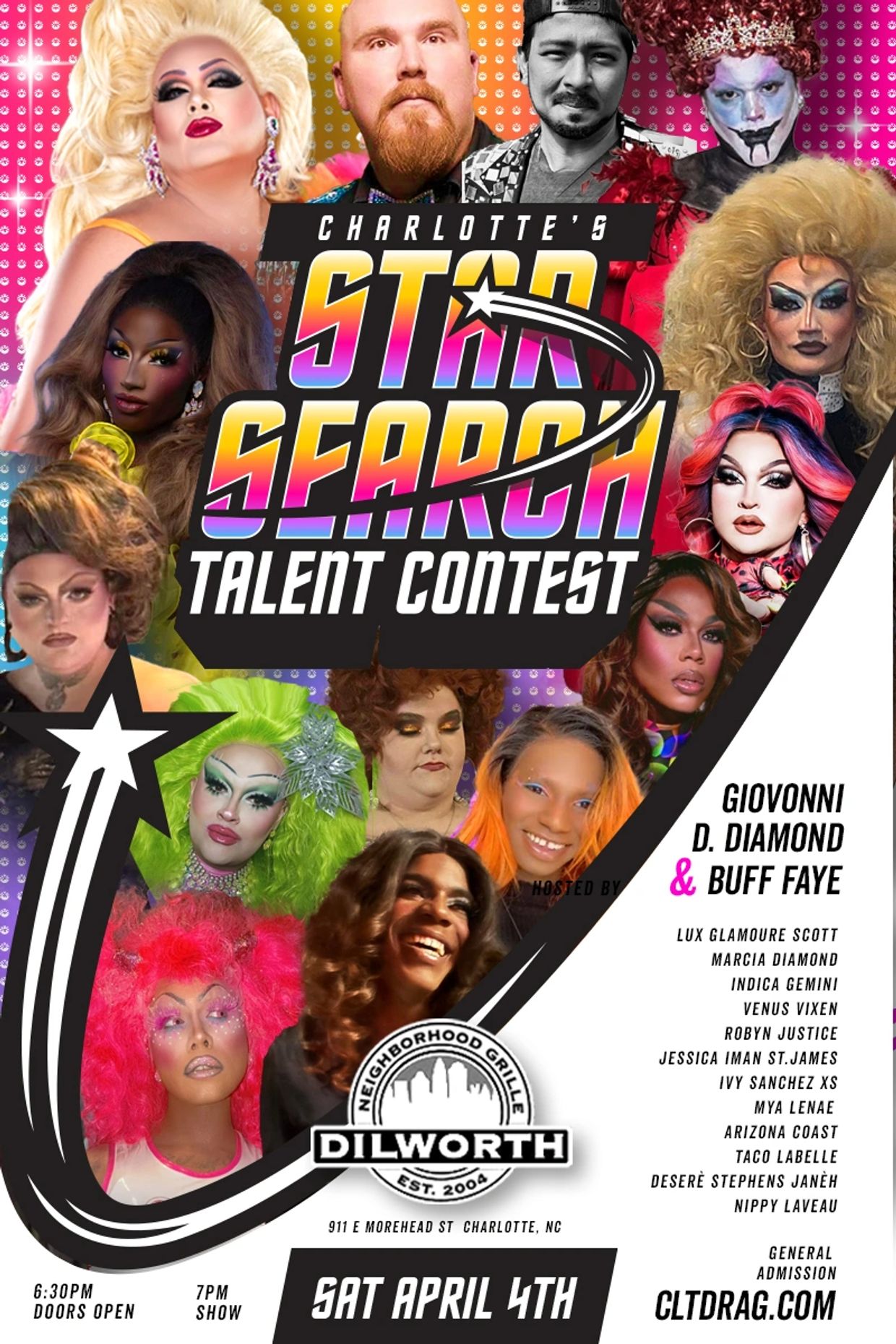 Poster for Charlotte's Star Search Talent Contest with colorful drag performers and event details.
