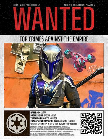 Wanted poster for Hex Catra, a feared special agent against the Empire.