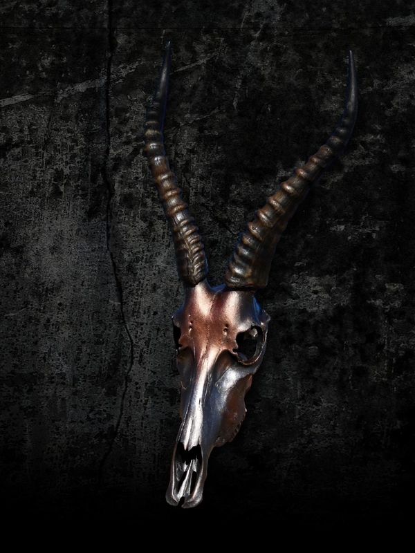 A dark, metallic goat skull with long, curved horns against a textured black background.