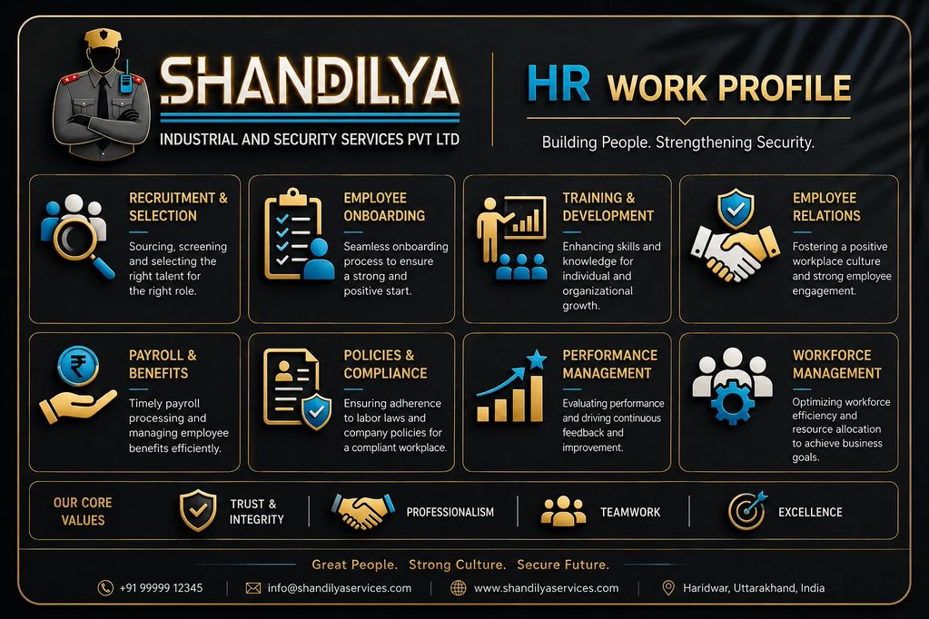 A modern corporate HR Work Profile design featuring the SHANDILYA SECURITY
