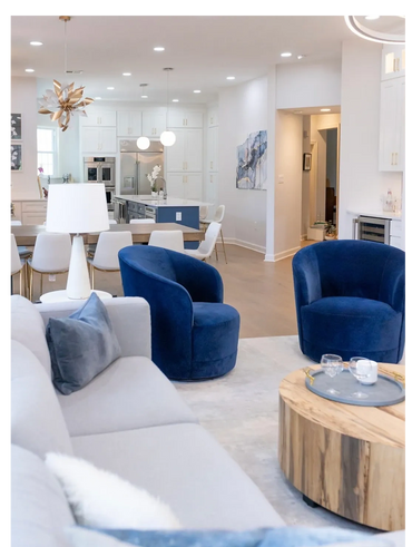 modern blue and white kitchen living room