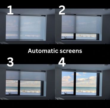 Four images showing automatic screens gradually revealing a beach view through a window.