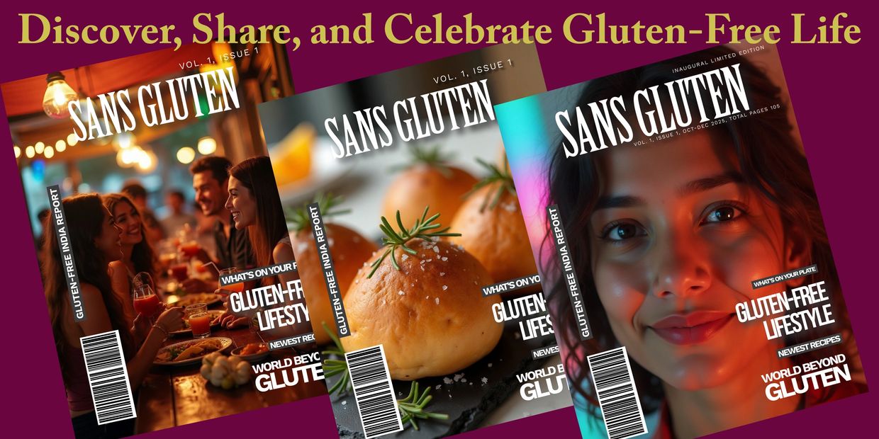 Magazine covers celebrating gluten-free lifestyle and recipes.