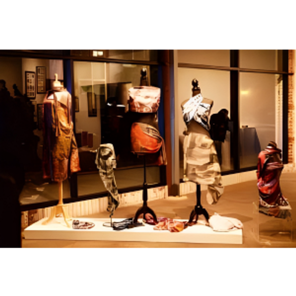 Wearable art, scarves, and bags displayed on mannequins in a gallery or boutique.