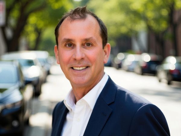 Smiling man in a navy suit stands outdoors on a sunny street.