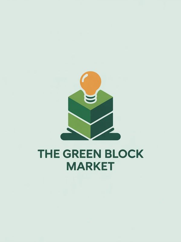 Logo of The Green Block Market with a lightbulb on green blocks.