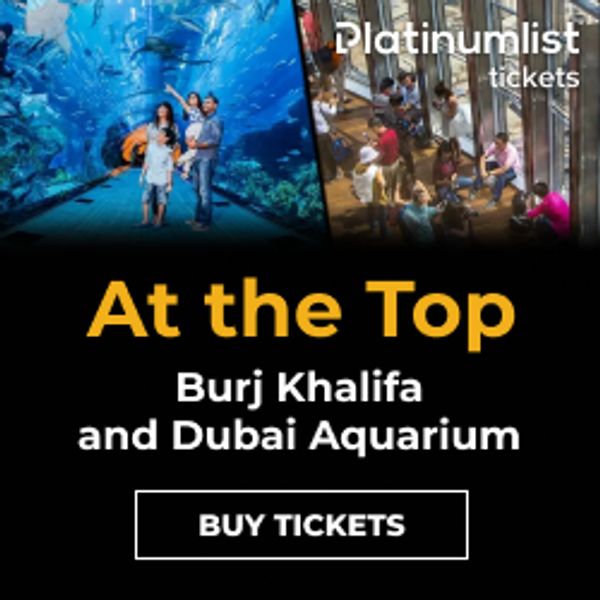 Advertisement for Burj Khalifa and Dubai Aquarium tickets.