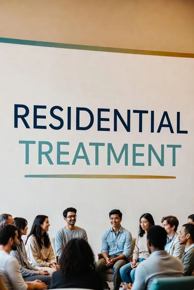 Group therapy session in a residential treatment center with diverse participants.
