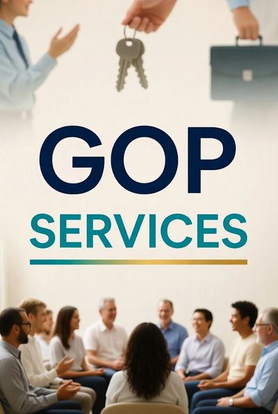 Group therapy session under GOP Services banner.