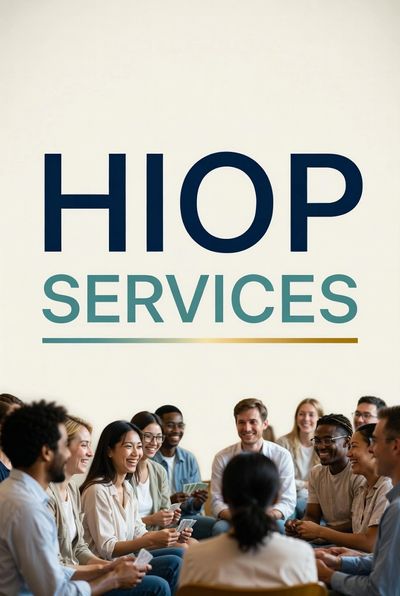 A diverse group enjoying a card game under the HIOP Services banner.