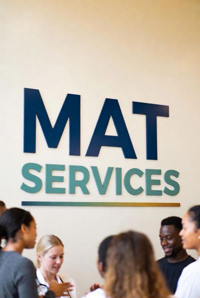 A group of people gathered under a sign that reads 'MAT SERVICES'.