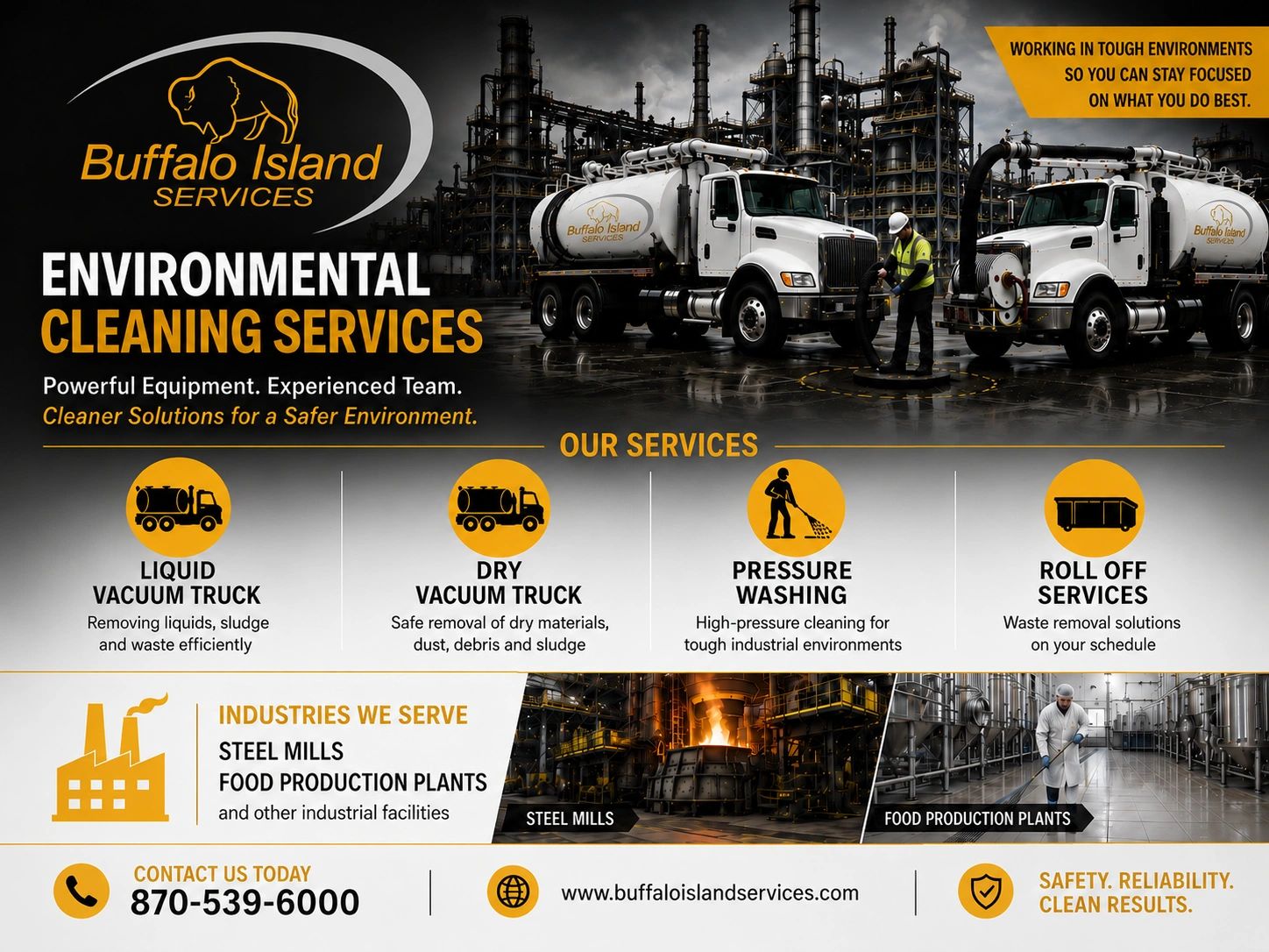 Buffalo Island Services offers environmental cleaning with powerful equipment and experienced teams.