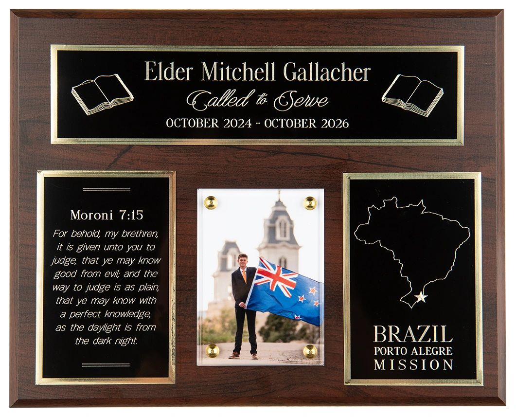 Plaque honoring Elder Mitchell Gallacher's mission to Brazil, Porto Alegre from 2024 to 2026.
