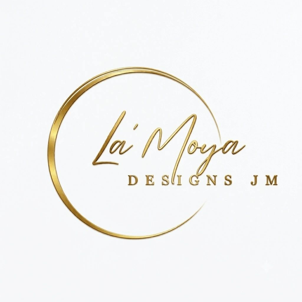 Elegant gold logo of La' Moya Designs JM with a partial circular frame.