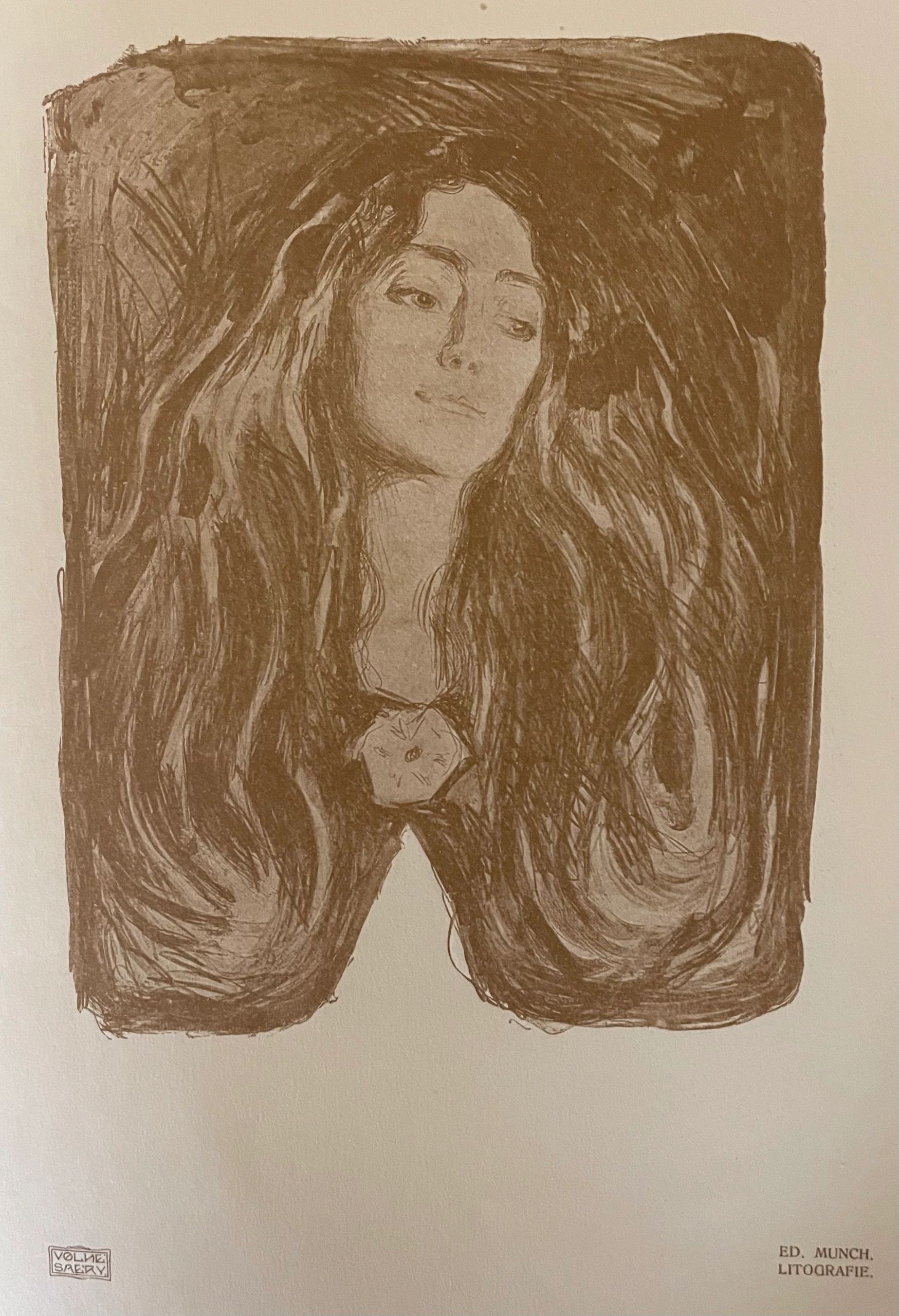 The Brooch: portrait of the English violinist Eva Mudocci. Lithograph by Edvard Munch, 1903.