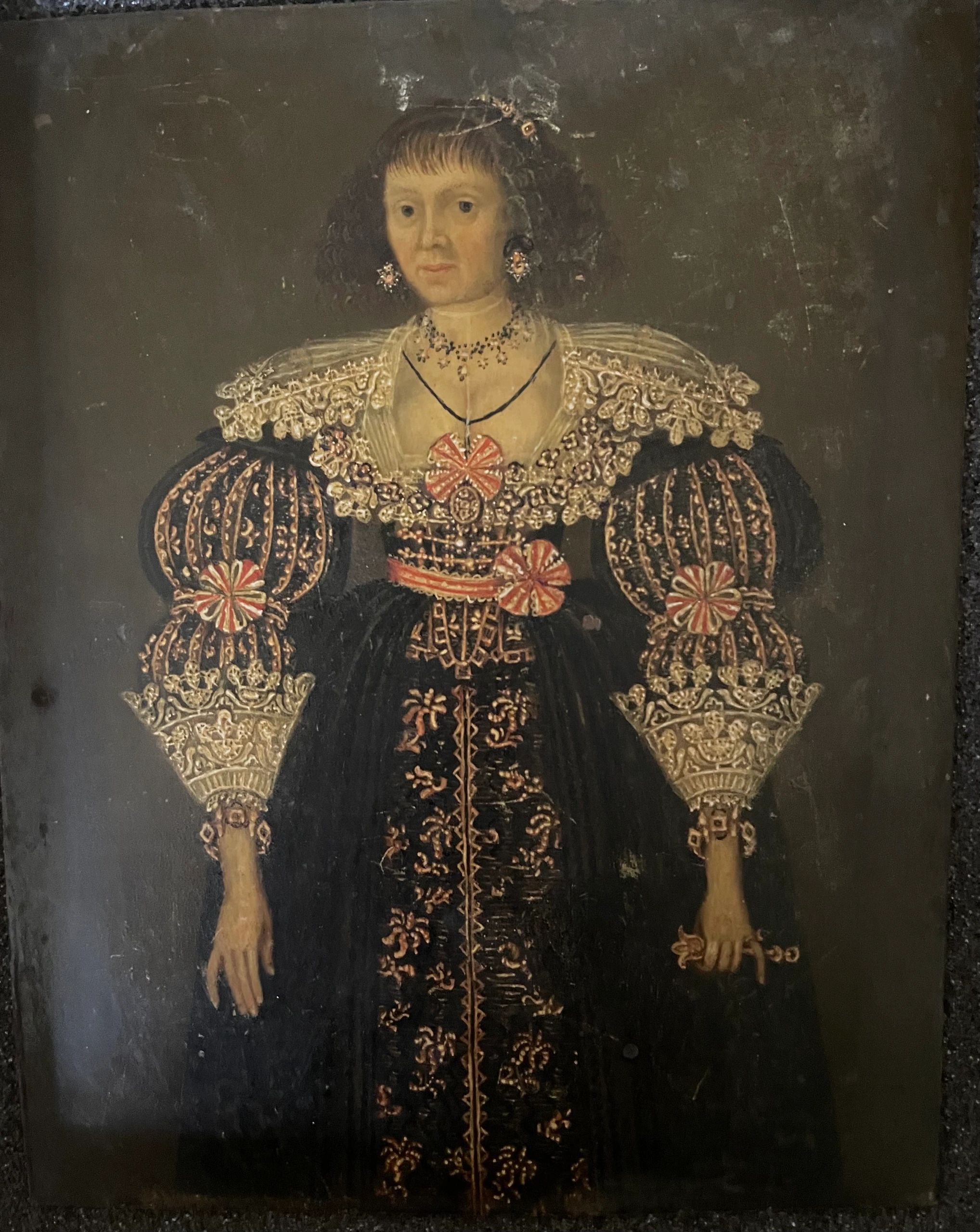 A high fashion lady of the Court wearing a baroque bodice with virago style sleeves. Oil on copper, Iberia c.1630. Recognize this lady? If so, kindly inform us.