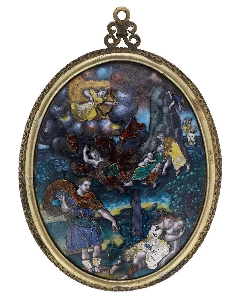Apollo and Artemis slaying the Niobis in original frame with mirror back. Attrib. The Master I.G. (Jean Guibert), Limoges c.1610: Ref. Notin 2007, The British Museum & The Louvre.