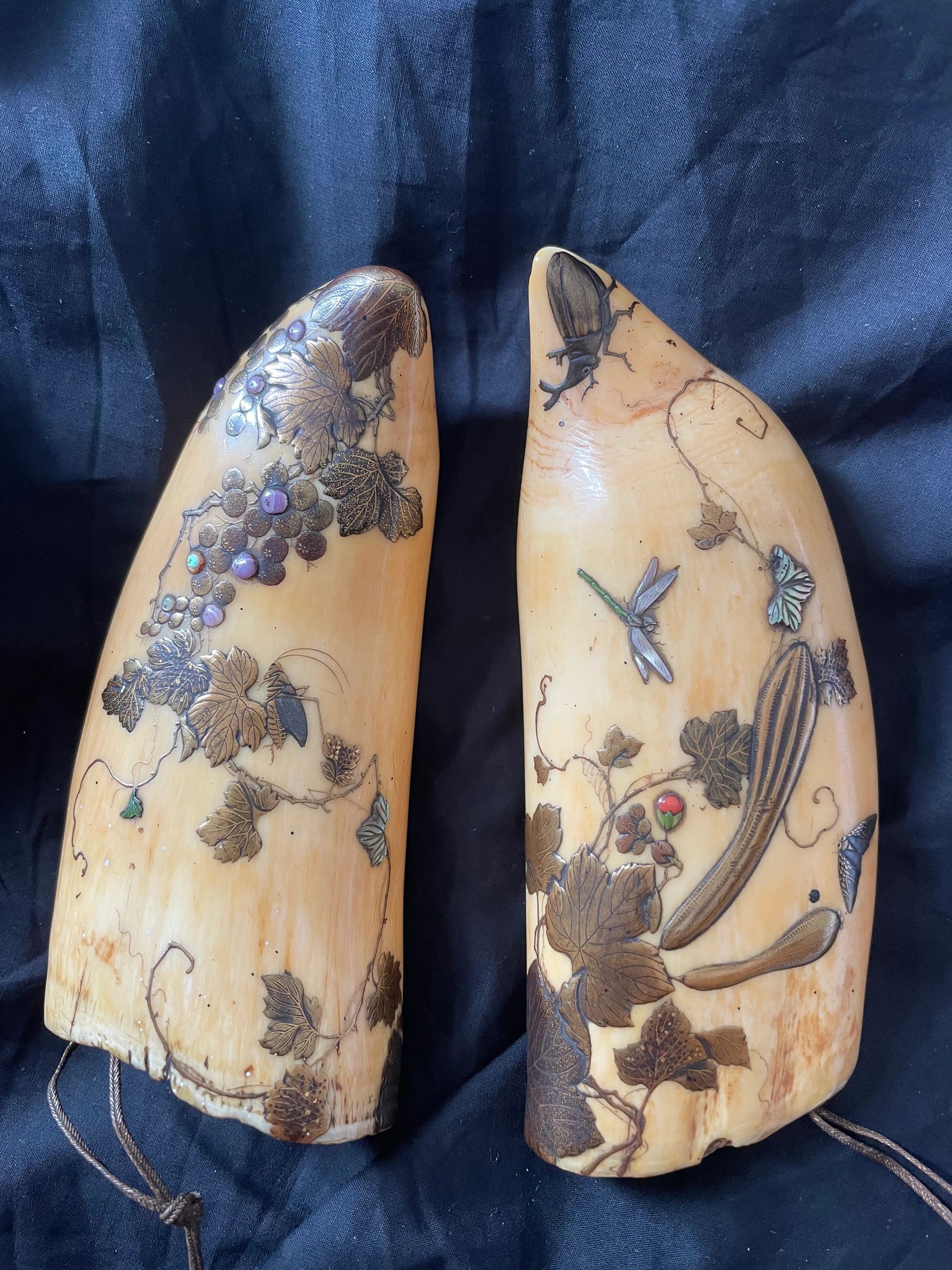 Sperm whale’s teeth Okinomo depicting flora & foreshortened insects in a combination of Shibayama, Choshitsu & maki-e lacquer. Edo era