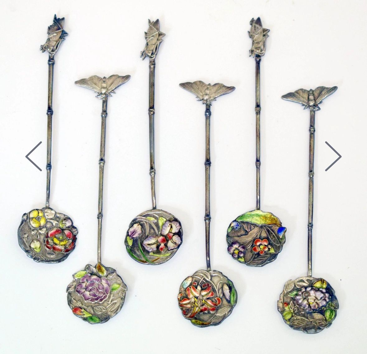 Enameled silver spoons. Meiji era.