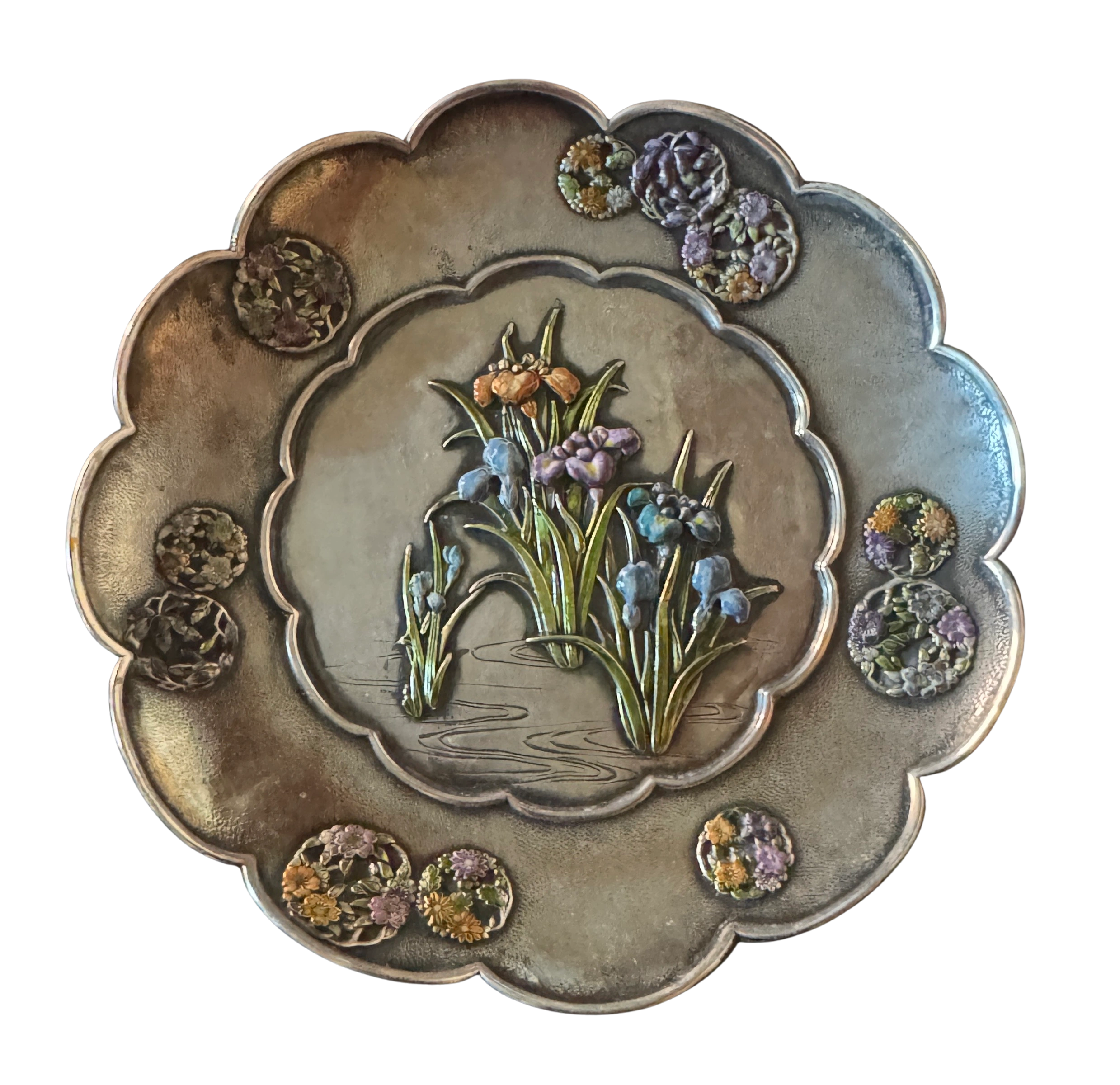 Enameled silver dish with Hirata style medallions. Meiji era.