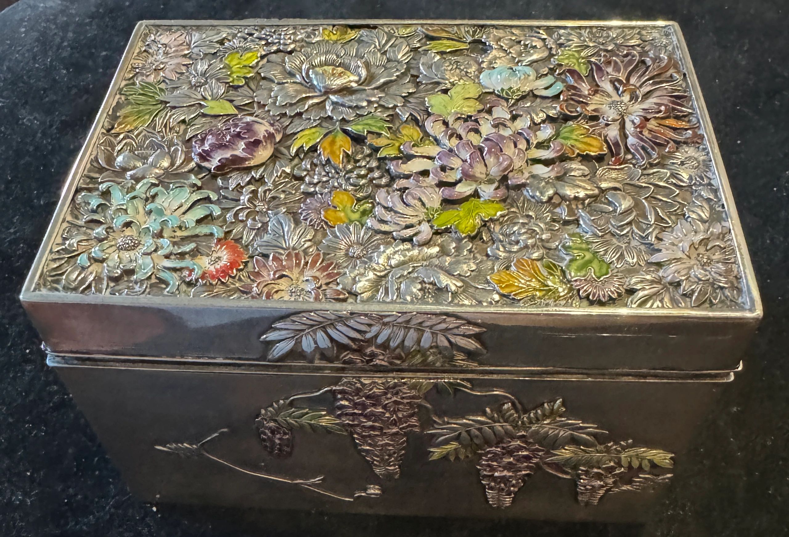 Enameled silver kobako by Sanso. Meiji era.