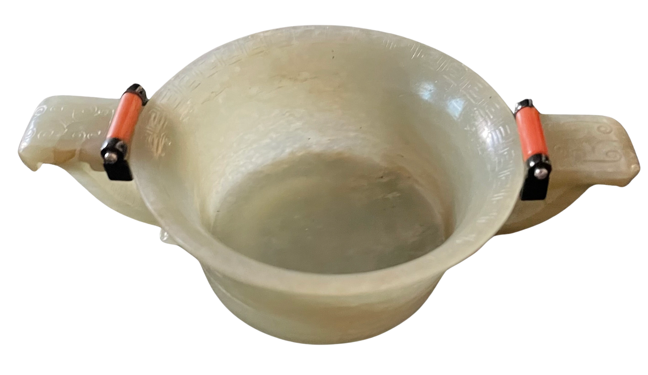 Archaistic China meets French Art Deco - Ming dynasty gui form celadon jade libation cup set with enameled & jeweled decoration by Anna Rimbaud for Cartier, Paris c.1920. (Rimbaud entered her mark in 1911, the Comet symbol used as a tribute to Veuve Cliquot)