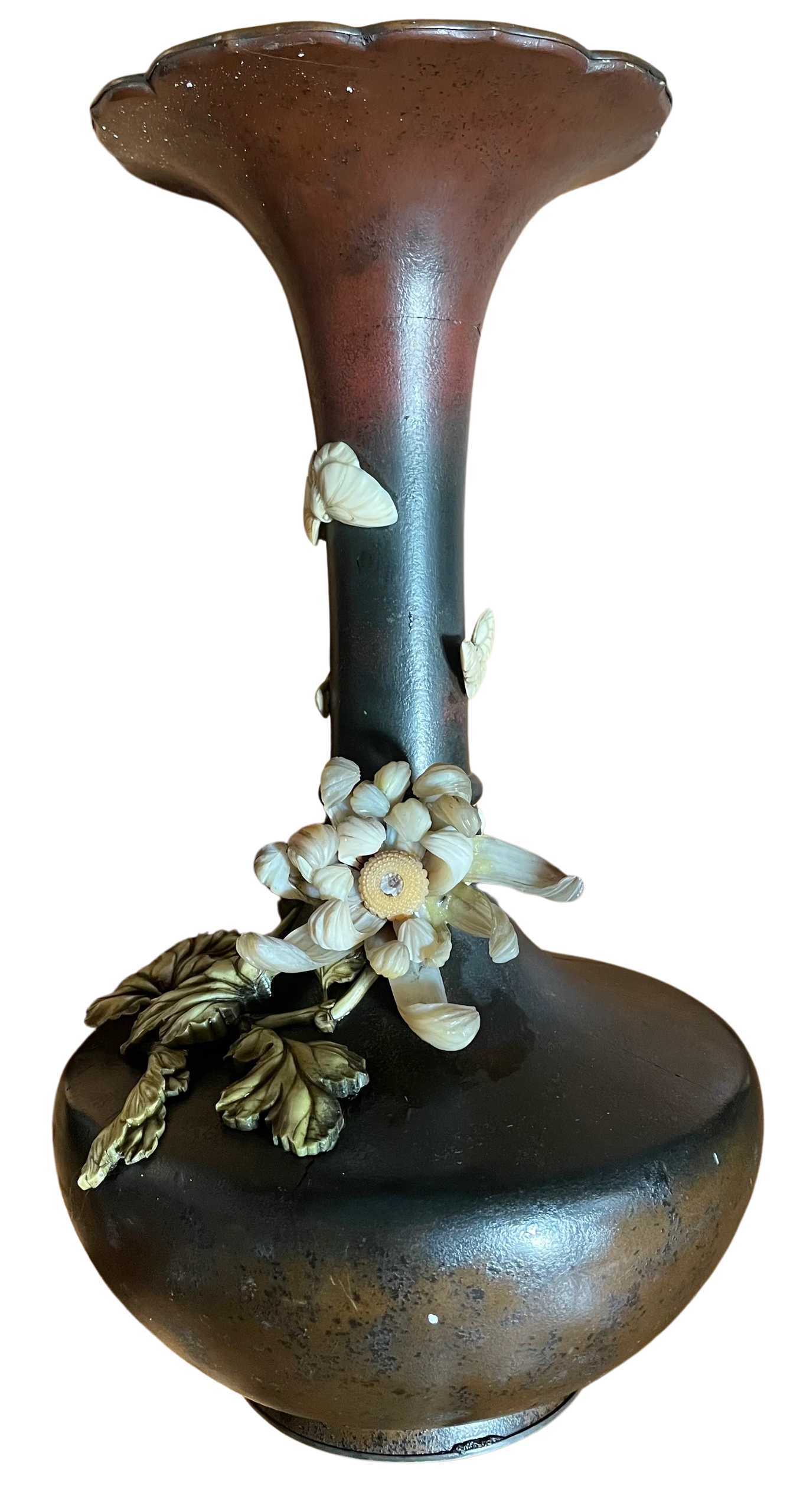 Bronze ‘Hu’ form trumpet neck vase mounted in copper decorated with lacquer and sculpted ivory kiku (chrysanthemum). Signed Kiku, Meiji era.