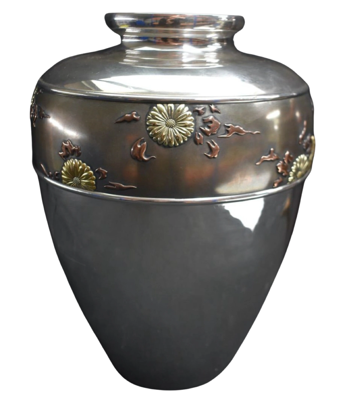 Silver & mixed metal presentation vase with applied gold & silver Imperial Kikumon. Signed Hirata Shigemitsu (1855-1926), Imperial Household Artisan & Tokyo Chokokai founder. Meiji/Taisho era.