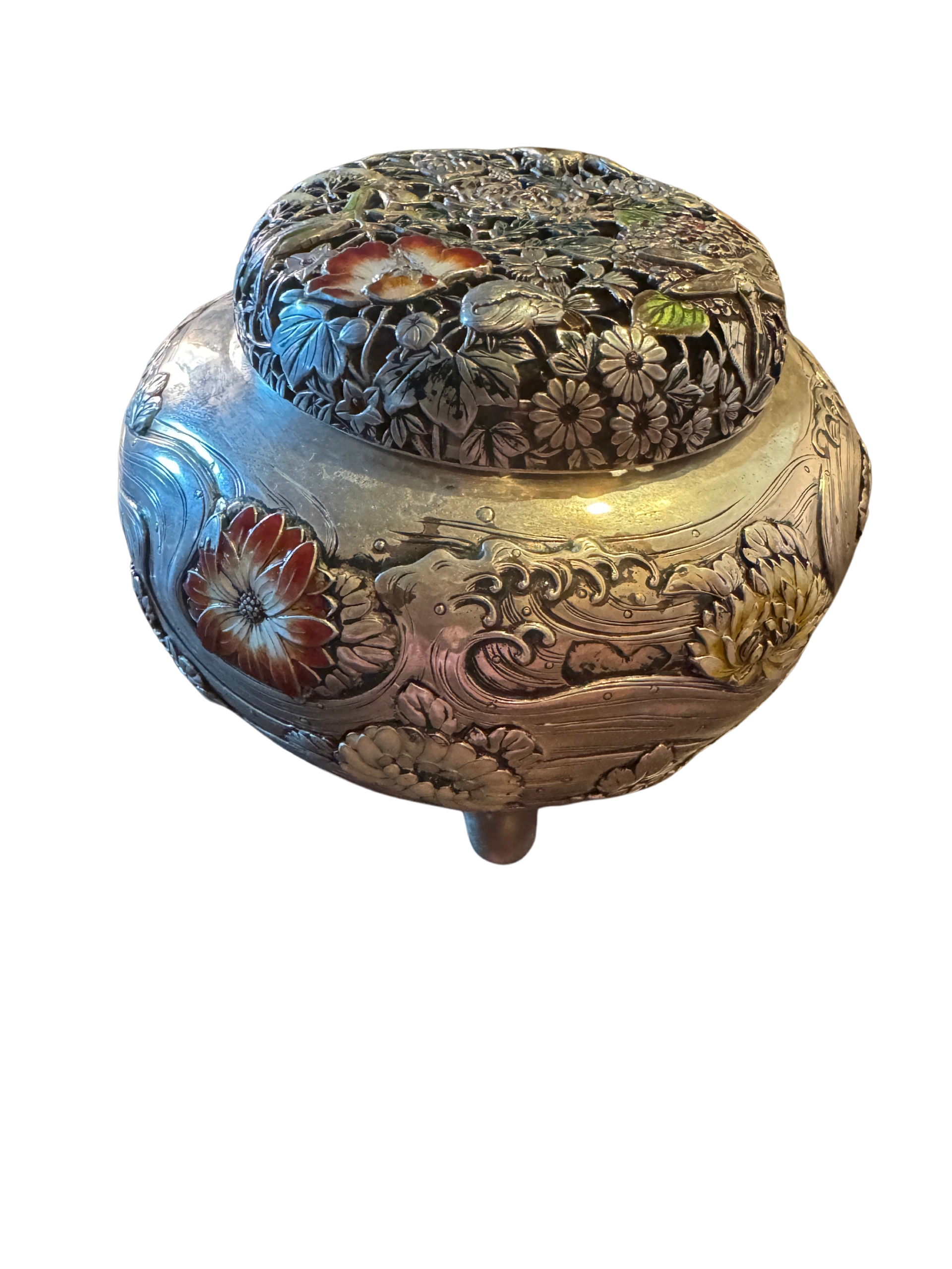 Hirata style enameled silver Koro by Noriaki. Meiji era.