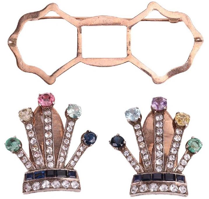Pair of clip pins (duette brooch) in gold, set with diamonds & muti-colored sapphires. Raymond C. Yard. New York, c.1940