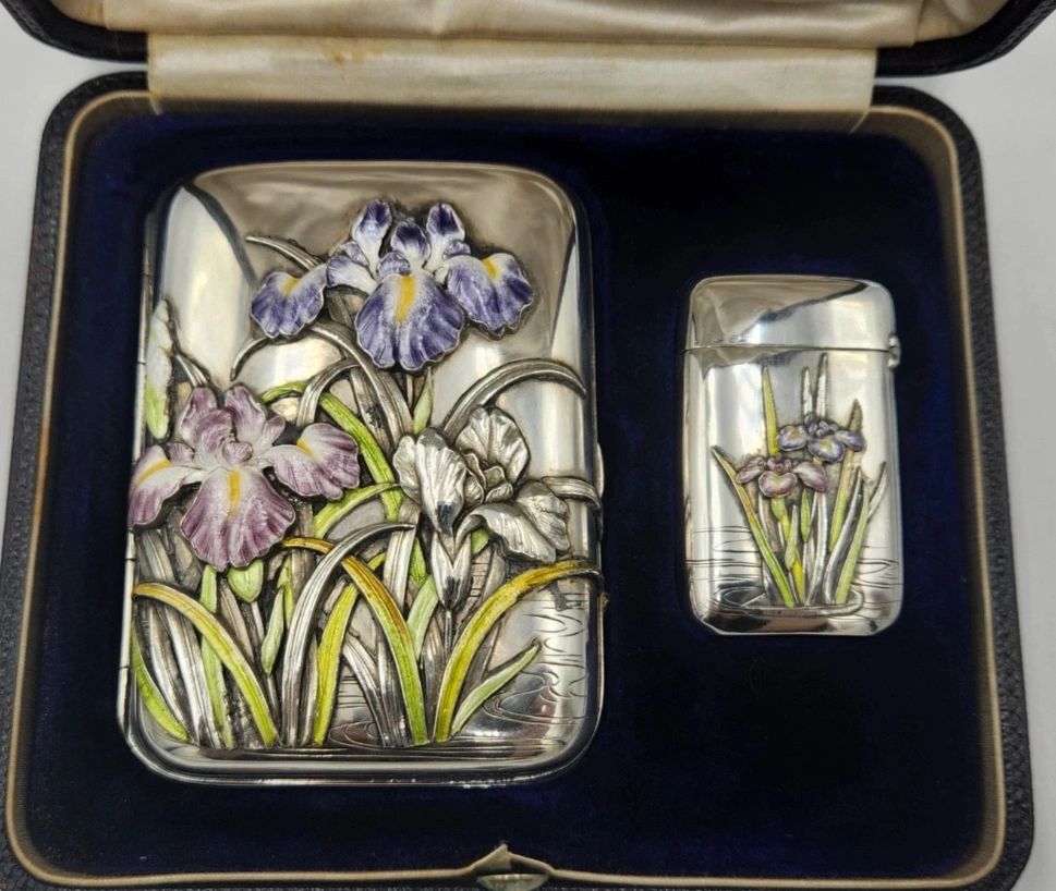 Enameled silver cigarette case & match safe, Meiji era.
