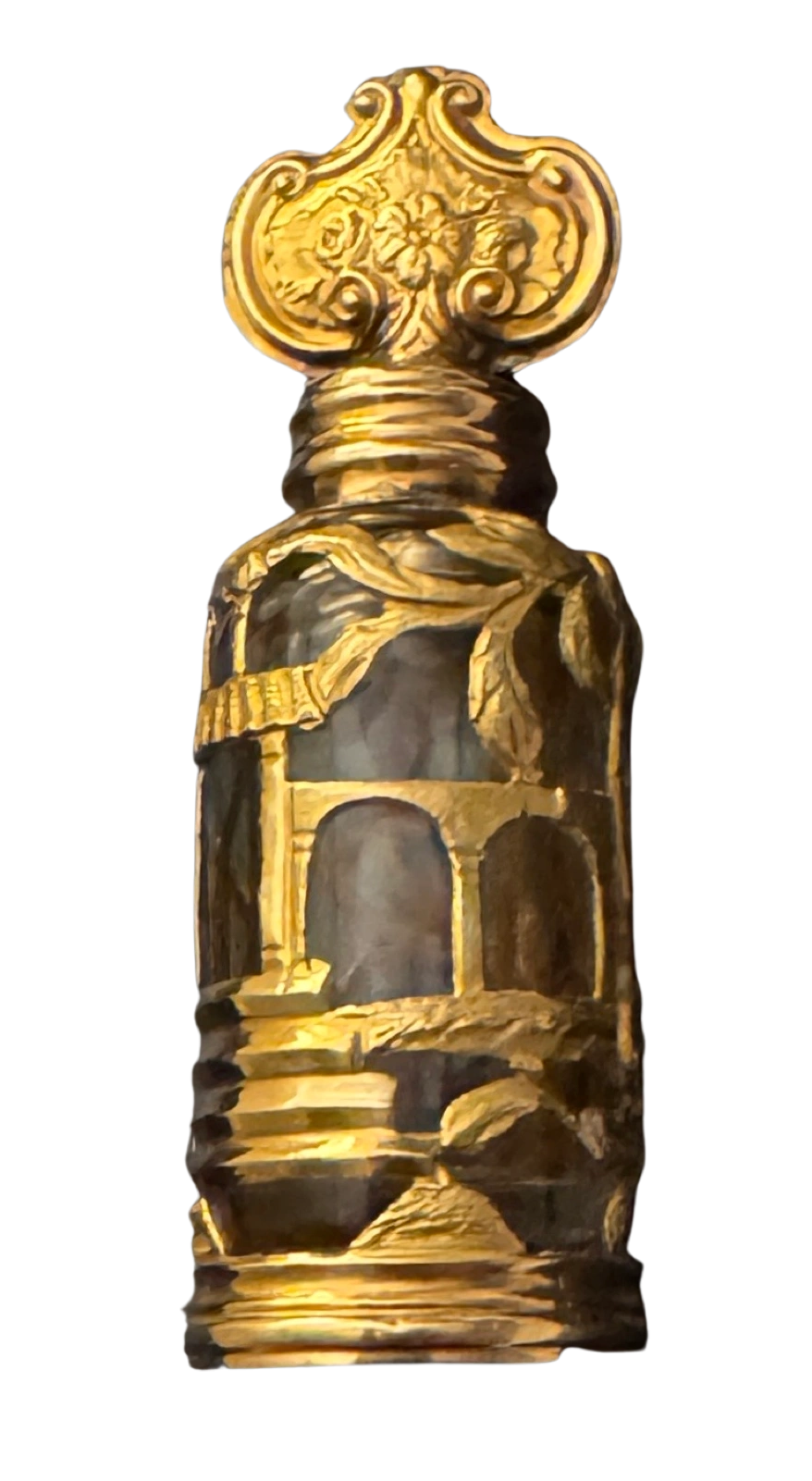 Rock crystal gold mounted en cage rococo flacon (perfume bottle) with scrolls & foliate floral swags and rocaille finial. English, c.1750