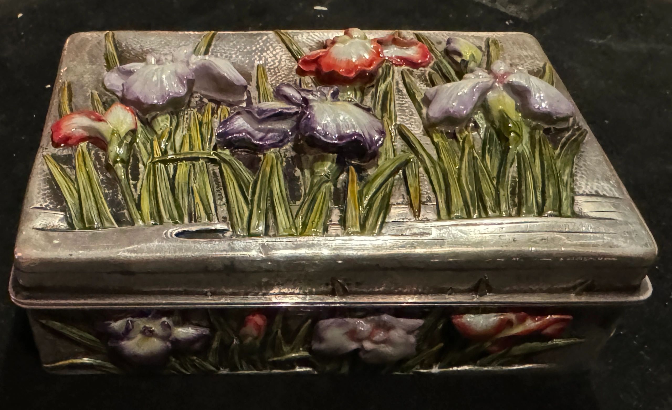 Chabako (tea box) with gindai jippo (enamel on silver) depicting hanashobu (irises). Meiji era.