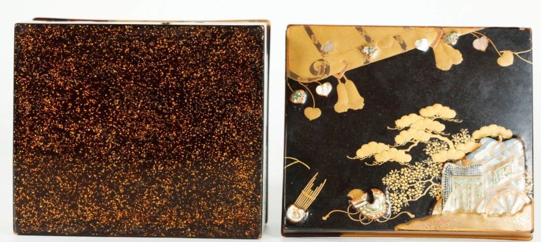 Lacquer kogo decorated in gold maki-e, raden, mother-of-pearl & porcelain accents depicting a Daimyo palanquin, a sho and other detailed designs. Meiji era.