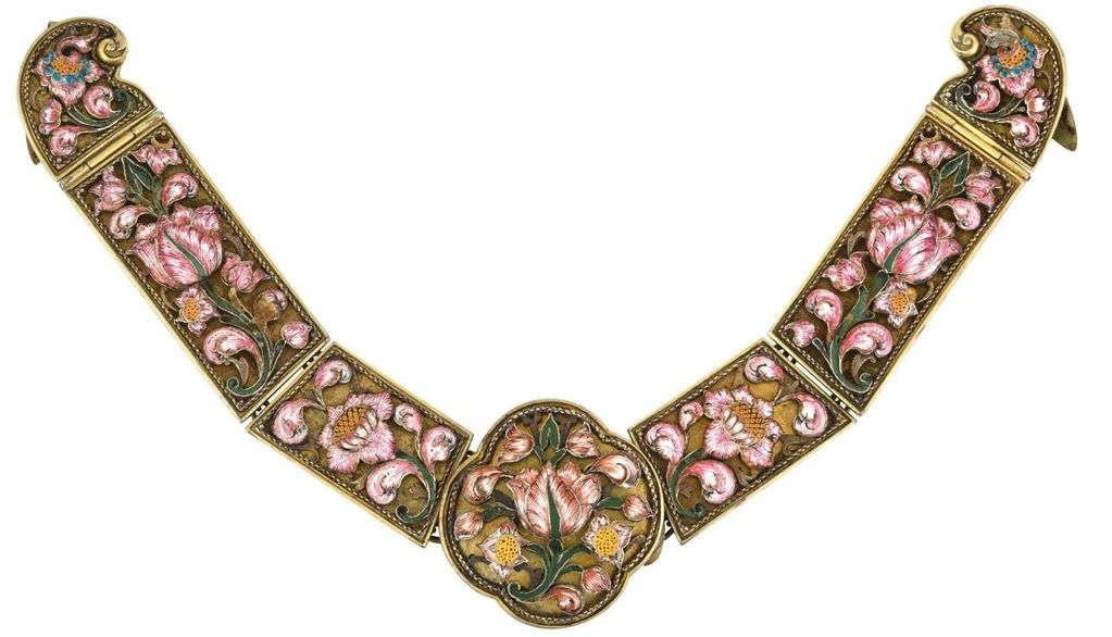 Usolsk polychrome painted enameled silver-gilt bridal belt with tulips & sunflowers on a white ground enclosed by filigree wire. Solvychegodsk, c.1680. Attributed to the Stroganoff family dowry.