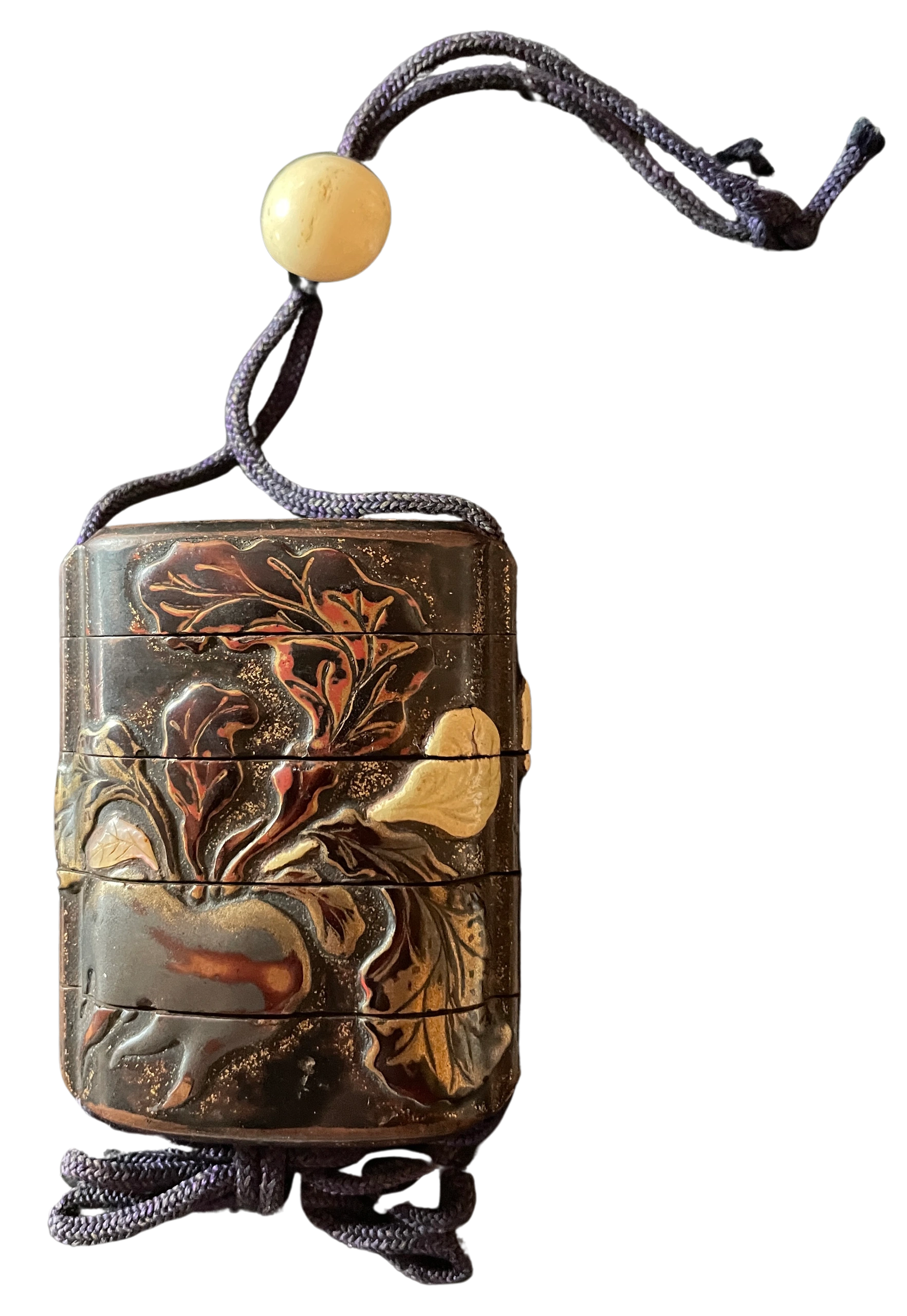 Five-case Inro with takamaki-e, iro-e hiramaki-e & kiragane lacquers and inlays of raden and ivory. Rinpa style, after Ogata Korin. Edo era.