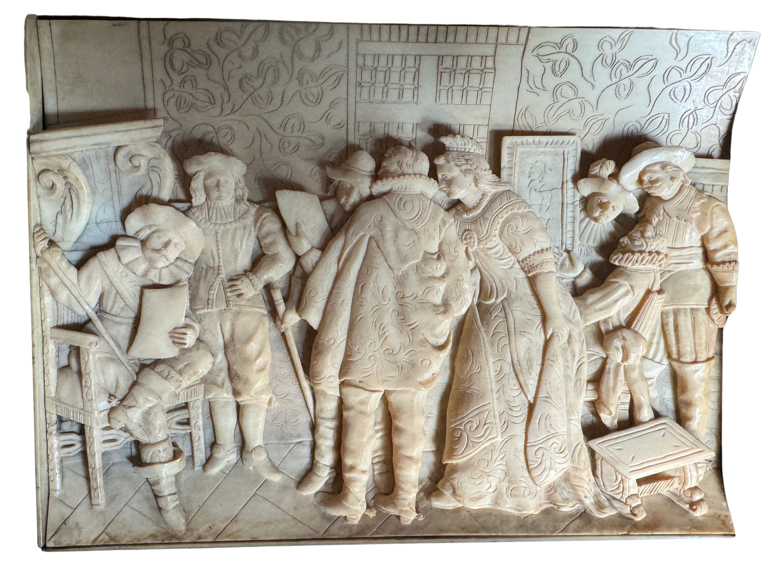 Ivory bas relief Artist’s impression of the Desolate Boedelskamer auction of Rembrandt van Rijn‘s possessions in the ante-room of his Breestraat house in July 1656. Frans Bruijningh (1610-1684), Secretary of the Boedelskamer, is seated flanked by Rembrandt himself to his left. Dieppe, c.1840.