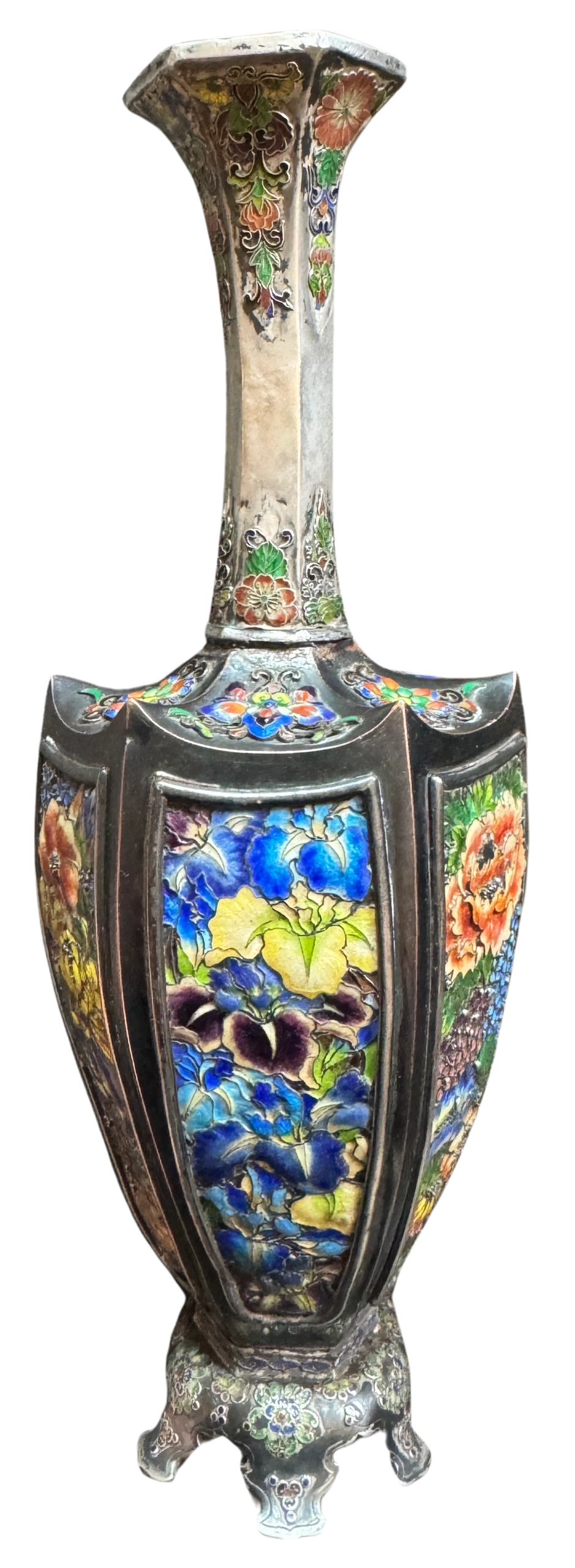 Shakudo & Gindai jippo (enamel on silver) vase, the six panels depicting chrysanthemums & irises. Attrib. Koichi Takasaki, Meiji era.